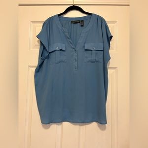 INC International Concepts.Lake blue mixed media blouse,v-neck, dolman sleeves.